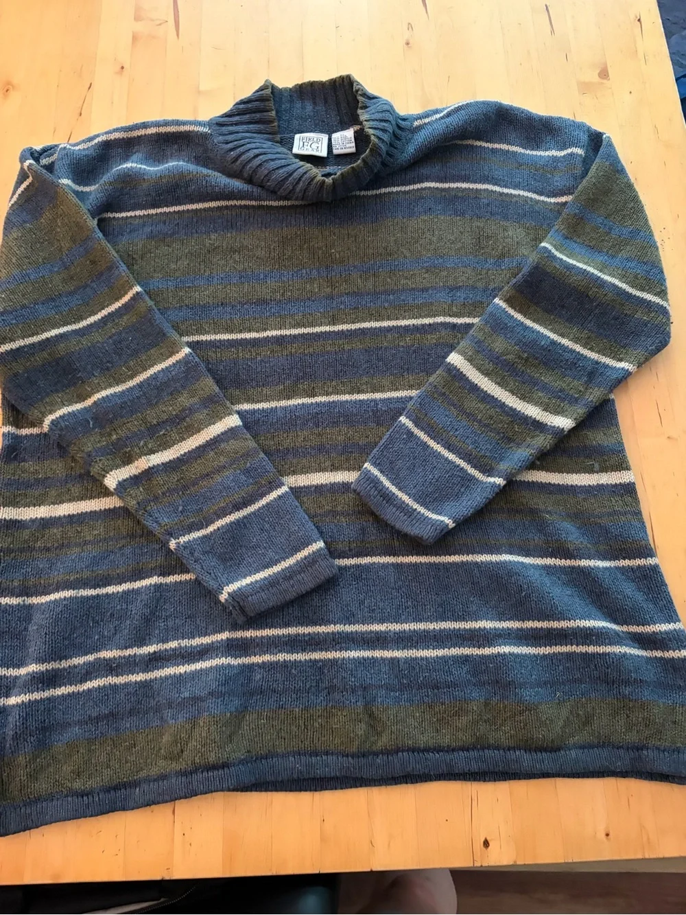 Men's Striped Crewneck Sweater - Blue & Olive silk/wool blend